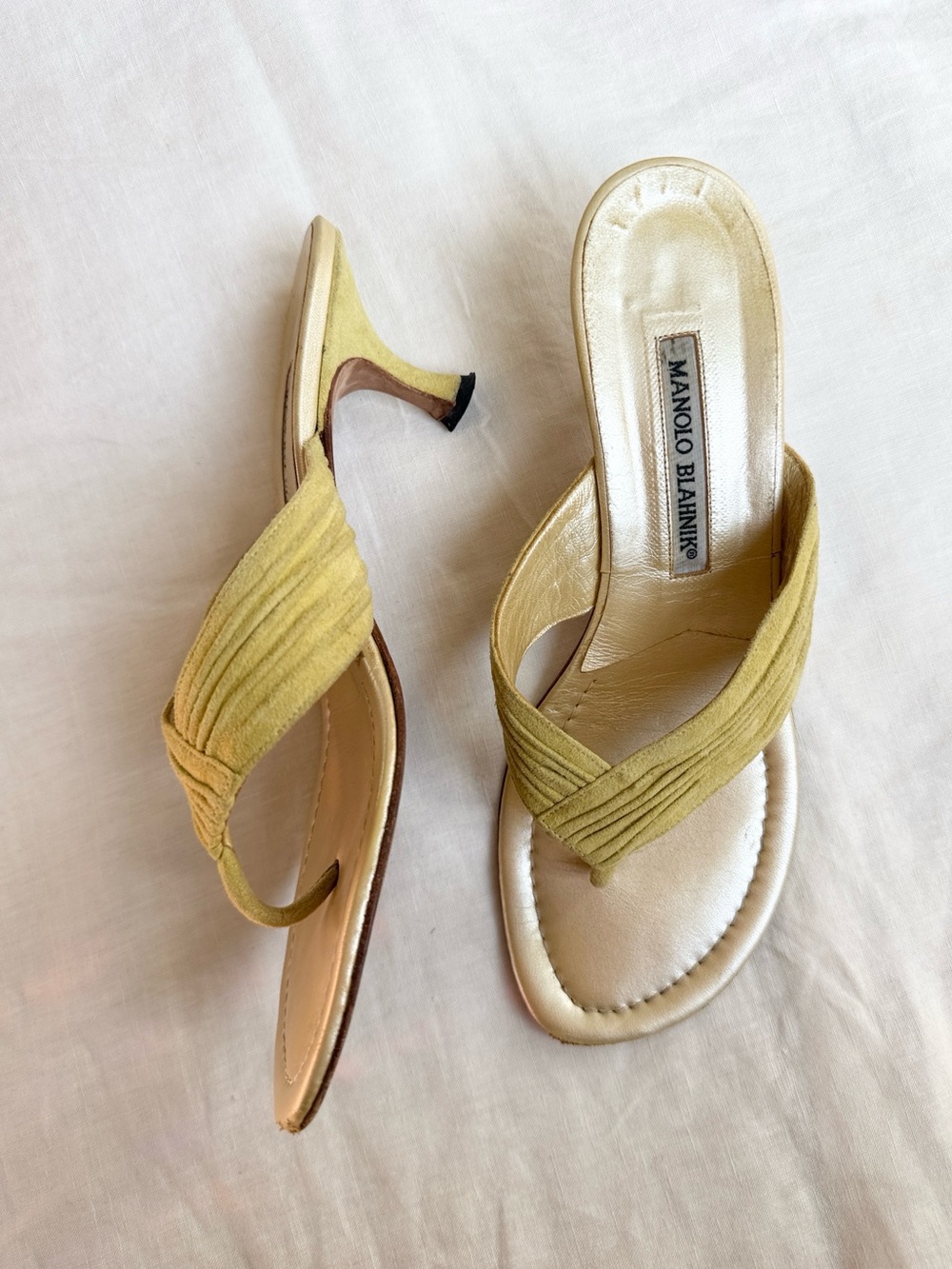 Manolo Blahnik Metallic Gold Chartreuse Sandals with Suede Thong Sandal Straps